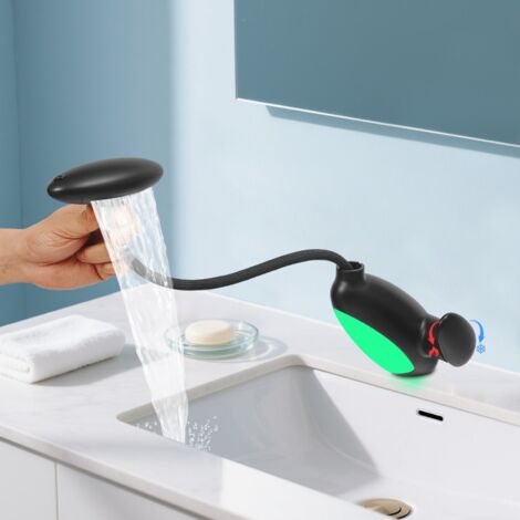 Wasserhahn Bad 3 Modus, LED Waschtischarmatur mit ausziehbarer brause, Wasserfall Mischbatterie Bad, 360° Drehbar, Kreativer Wasserhahn Waschbecken mit mehrfarbige beleuchtung (1/5)