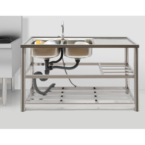 Lavello doppio acciaio inox, lavello doppio professionale con unità scarico e rubinetto (1/5)
