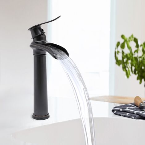 Grifo de lavabo de cascada monomando giratorio 360°, grifo de cocina y baño, grifo de latón, grifo de lavabo alto negro para baño