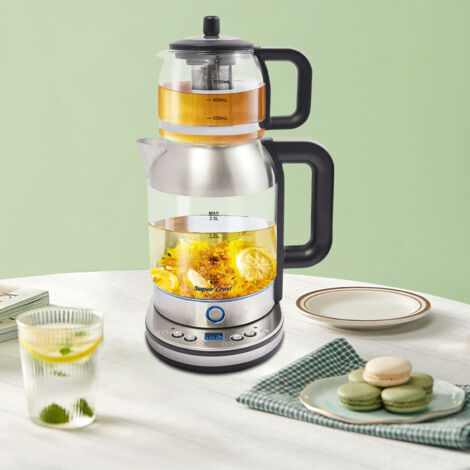 Hervidor eléctrico con filtro de té, sin plástico en contacto con el agua, preparador de té caliente con control de temperatura y apagado automático, hervidor de té (1/5)