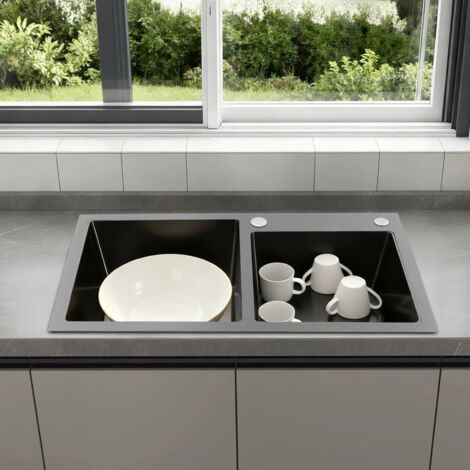 Fregadero de cocina negro, fregadero de acero inoxidable, fregadero doble empotrado, estación de trabajo 30"x 16", excelente precio NUEVO (1/5)