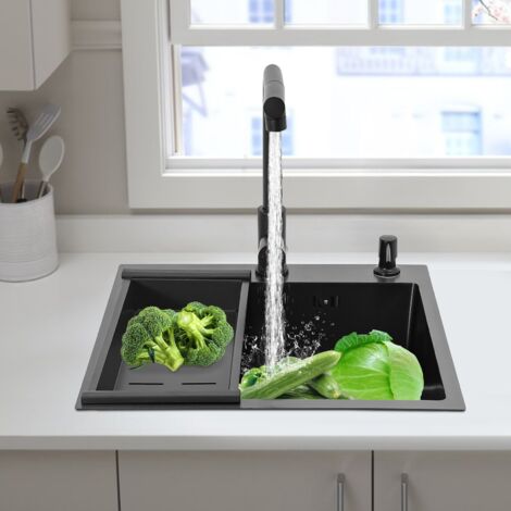 Fregadero de cocina, fregadero de granito, fregadero empotrado, fregadero, granito, cocina, fregadero 50x45 negro