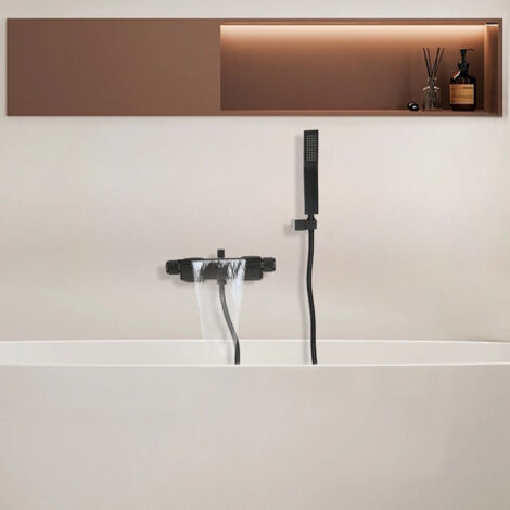 Grifo de bañera negro en cascada, set de grifo de bañera con ducha de mano (1/5)