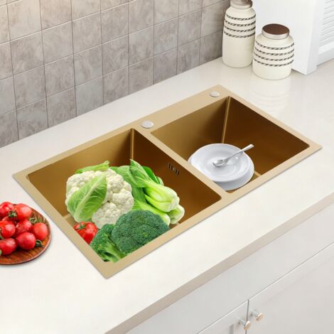 Fregadero empotrado, fregadero de acero inoxidable, fregadero doble oro 80 x 45 cm (1/5)