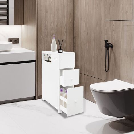 Estante de nicho, armario de baño estrecho, estante de baño con ruedas, armario de nicho, carrito de nicho con 2 cajones y 2 cestas de mimbre, carrito con ruedas, contenedor rodante (1/5)