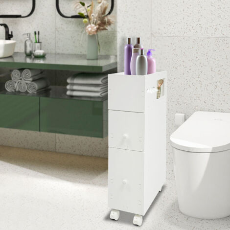 Estante de nicho, armario de baño estrecho, estante de baño con ruedas, armario de nicho, carrito de nicho con 2 cajones y 2 cestas de mimbre, carrito con ruedas, contenedor rodante (1/5)