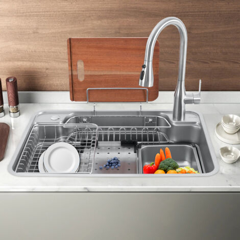 Fregadero de cocina de cascada, fregadero de estación de trabajo de un solo tazón de acero inoxidable negro de montaje superior/empotrado, grande 3 en 1 multifuncional moderno