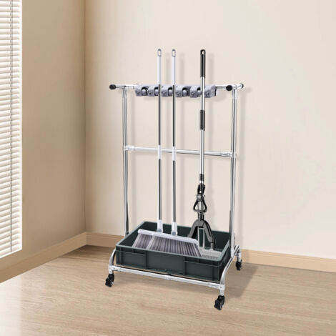 Floor-Mounted Mop Rack Broom And Mop Holder Movable Floor Standing Cleaning Tool Storage Rack