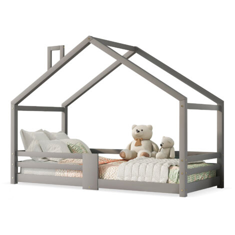 Cadre de lit enfant, avec cheminée, protection antichute, robuste, 90 x 200 cm (matelas non inclus), gris. (1/5)