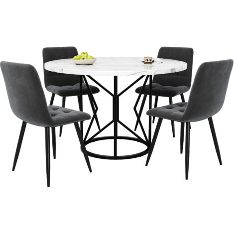 Ensemble de salle à manger et chaises (5 pièces), comprenant 4 chaises + table à manger ronde de 100 cm, chaises de salle à manger grises en velours. (1/5)