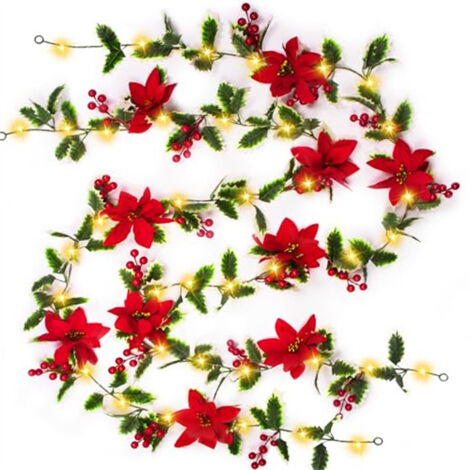2 pièces Guirlande de poinsettia artificiel de 3 m avec 30 LED, guirlande lumineuse de fleurs pour décoration de table, à piles