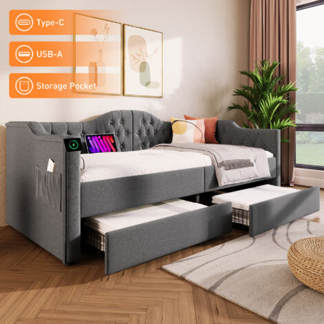 Lit doublette, canapé-lit, meuble de rangement. Structure du lit dotée d’une fonction de charge USB Type C et de 2 tiroirs. dimensions : 90x190 cm. Tissu lin gris. Pas de matelas fourni. (1/5)