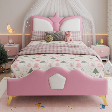 Lit individuel, lit pour enfants, tête de lit en forme de corbeille. Arrière de lit doux et anti-chocs. Couleur décorative. Matériau utilisé : PU + fer + matière souple. Taille : 90x200 cm. Couleur : (1/5)