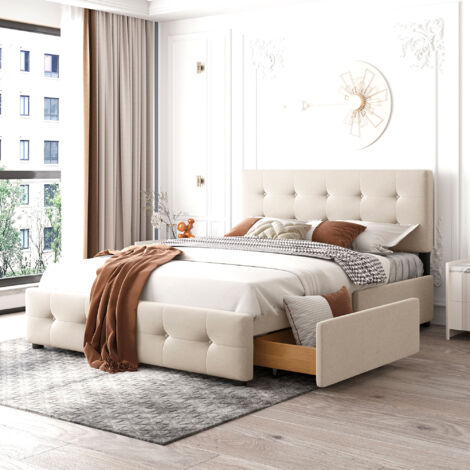Lit double de 140 x 200 cm. Lit avec des tiroirs, un sommier et un dossier confortable. Lit doux, fabriqué en tissu de velours pour les adultes et les jeunes. Couleur beige (le matelas n’est pas inclu (1/5)