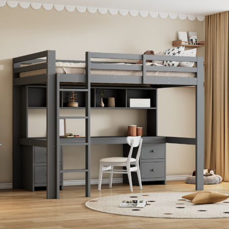 Lit de 90×200 cm, lits pour enfants, lit en hauteur, table en bas. De grandes possibilités d’organisation des affaires. Barreaux élevés. Escalier stable. Couleur gris. (1/5)