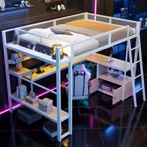 Lit métallique pour couchages de type gaming, de dimensions 140 x 200 cm. Il dispose d’un espace de travail intégré, d’une lumière LED et offre beaucoup d’espace de rangement. Couleur blanche. (1/5)