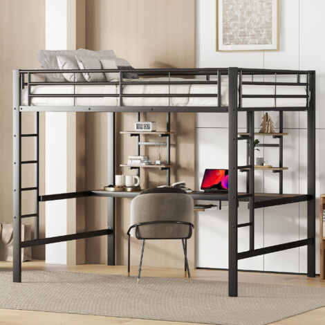 BettgestellMetallbett, Eisenbett, Haute étagère avec un bureau et deux étagères pour livres, destiné aux enfants, adolescents et adultes. Dimensions : 140x200 cm. Couleur : noir. (1/5)