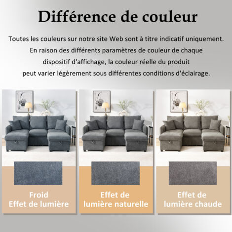 Canapé multifonctionnel en forme de U, avec trois places. Il possède des compartiments pour ranger les affaires. Le canapé est divisible en modules. Il est également doté de coussins. Matériau du tapi (1/5)