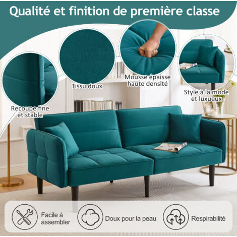 Canapé convertible 2-en-1 – Deux places, avec un tapis en velours. Les accoudoirs sont réglables et il existe une fonction de couchage. Idéal pour les petits espaces. (1/5)