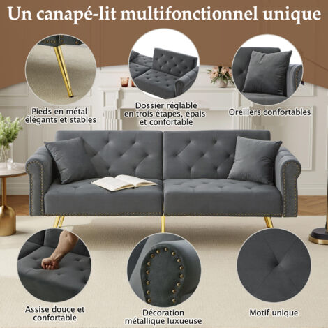 Canapé moderne pour 2 personnes. Revêtement en cuir. Assise réglable en trois parties. Pieds métalliques dorés. Canapé élégant, avec fonction de couchage. Compacte et facile à ranger. Idéal pour les p (1/5)