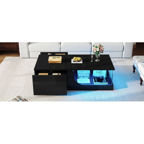 Table de salon de 100×50×30 cm. Table de salon avec 2 tiroirs. Table de salon en matériau MDF, brillant au toucher. Table de salon pour le café, équipée d’un éclairage LED. (1/5)