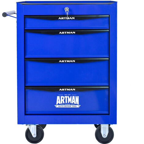 Boîte à outils en métal laminé, avec 4 tiroirs. Outil de polissage de 20 pouces. Compartiment pour les outils en acier, équipé de charnières. Organisateur. En couleur noire et bleu. (1/5)