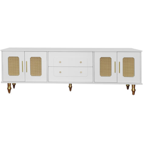 Lowboard, meuble de salon à style rétro : poignées dorées, grande capacité d’empilement des objets. Conçu avec une porte coulissante et des pieds en métal. (1/5)