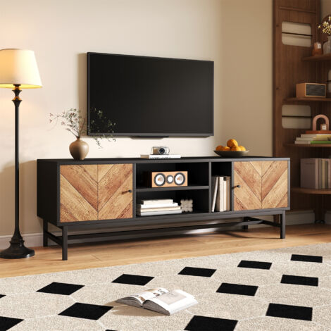 Armoire pour téléviseur de 150 cm – Design en couleur noir et bois, avec une grande capacité d’arrangement des objets. Comprenant des compartiments horizontaux et verticaux. Design moderne et minimali (1/5)