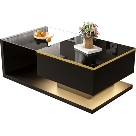 Table de chevet de 90 cm de long, en acier inoxydable, couleur noire. Tables à côté du canapé, tables de chevet avec surface en verre et effet LED. (1/5)