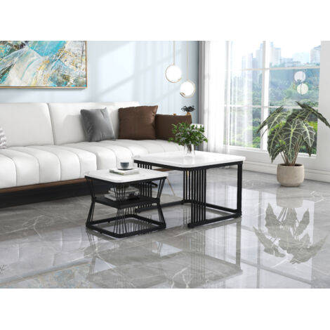 N625P173136Z) 2 ensembles de tables de service modernes. Matériau : MDF, finition en marbre.couleur noire. Il s’agit de 2 tables avec les dimensions suivantes : 65x65x45 cm et 45x45x39,5 cm. (1/5)