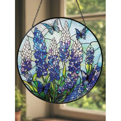 Attrape-soleil papillon fleurs sauvages 20 cm, décoration vitrail
