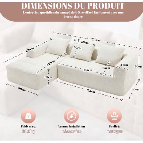 Canapé moderne en tissu, modèle L-Sofa. Il s’agit d’un canapé avec trois sièges. Trois coussins sont inclus. Une poche latérale permet de ranger la télécommande. Couleur beige. (1/5)