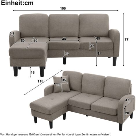 Canapé en forme de L avec chaiselongue – Canapé pour 3 personnes, dimensions : 166 x 118 x 77 cm. Matériau du canapé : coton-lin, matière respirante. Idéal pour les séjours, les appartements et les bu (1/5)