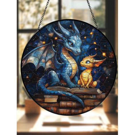 Attrape-soleil en vitrail 16cm dragon galaxie et livre, art décoratif pour fenêtre (1/5)
