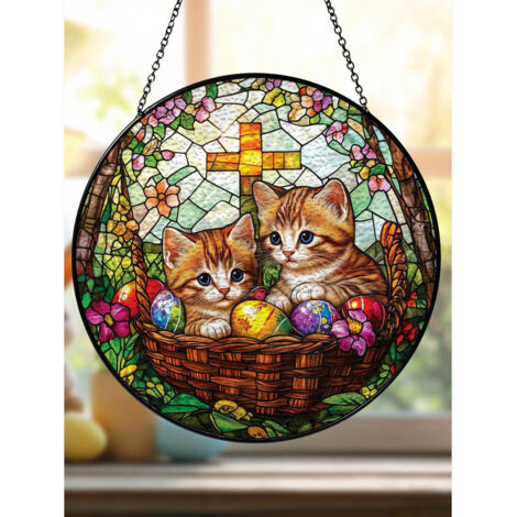 Attrape-soleil en vitrail chat de Pâques, décoration lapin et œufs 9cm