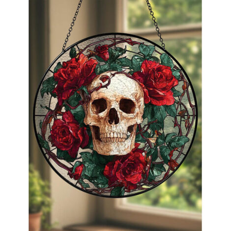 Attrape-soleil crâne et rose en vitrail, 20cm, décoration sombre pour fenêtre (1/5)