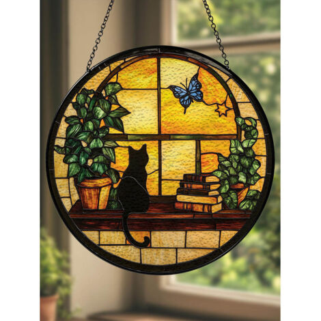 Attrape-soleil en vitrail à thème livre et chat, décoration de fenêtre 15cm (1/5)