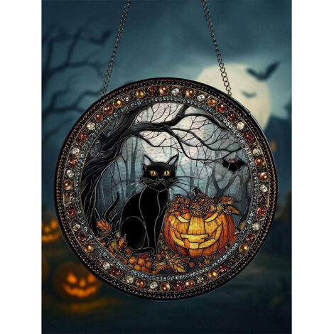 Attrape-soleil en vitrail chat noir, décoration Halloween citrouille et sorcière 9cm (1/5)