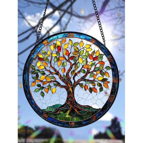 Attrape-soleil vitrail arbre de vie 9 cm, décoration fenêtre symbolique