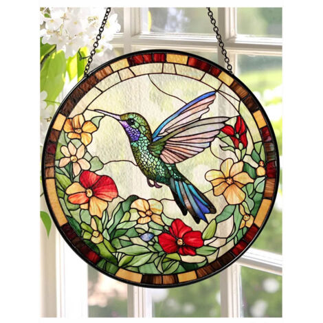Attrape-soleil vitrail colibri 16 cm, décoration fenêtre, vitrail floral