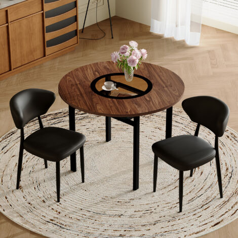 Set de tables rondes modernes et minimalistes (comprenant 2 fauteuils noirs en matériau PU, avec dossiers incurvés). La table est ronde, avec un diamètre de 100 cm. Elle est conçue dans un style bois. (1/5)