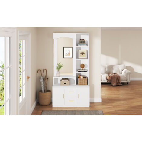Meuble multifonctionnel pour les couloirs et les espaces de stockage. Il comprend des armoires, un placard pour les chaussures, ainsi que des miroirs. De plus, il dispose d’un meuble avec 2 tiroirs et (1/5)