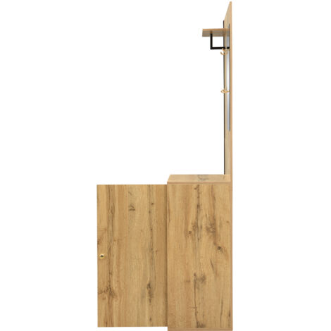 Armoire de rangement, armoire compacte, armoire pour le couloir avec miroir et coussins. Elle est décorée d’une bordure noire et dispose également d’un espace pour les parapluies. (1/5)