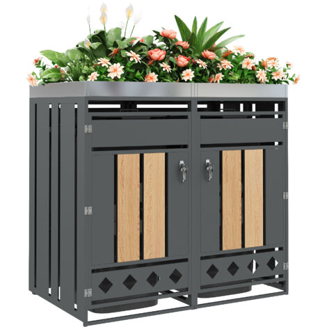 Boîtes à ordures, compartiments de stockage des déchets. Étanches. Deux portes. Zone pour les plantes. Panneau de porte avec motif en bois vertical. Forme arrondie. (1/5)
