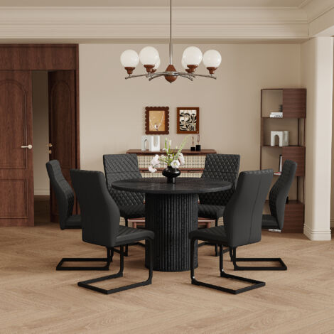 Set de tables et chaises : Table ronde de 100 cm en MDF, avec une surface noire. Les pieds sont cylindriques, et le système de fermeture est à cliquot. (1/5)