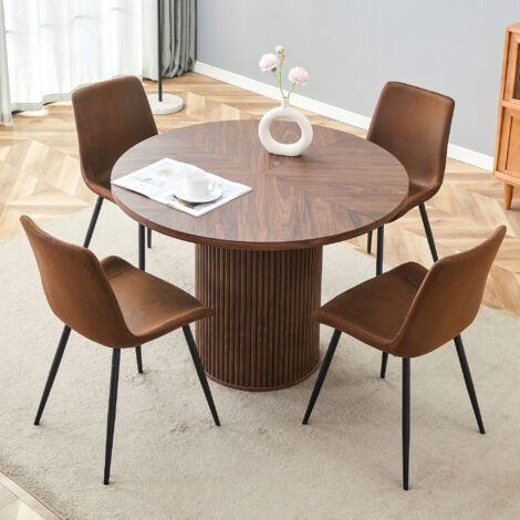 Conjoint à un ensemble de tables rondes minimaliste, composé d’une table et de 4 chaises. Table de réunion en MDF, avec un diamètre de 100 cm, présentant une finition en bois de noyer. (1/5)