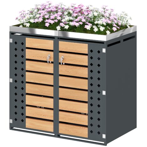 Boîte à ordures en bois, panneaux horizontaux permettant le stockage des déchets. Les ouvertures sont fermables. Deux portes. surface de plantation. Panneau de porte creusé en forme de diamant. (1/5)