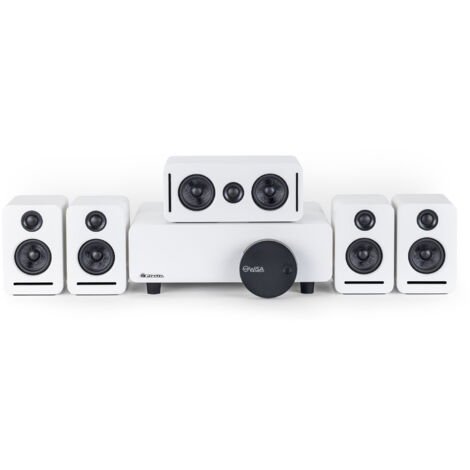 5.1 Système de home cinéma sans fil Dolby Atmos (Blanc) – Équipement Monaco Surround Set. Fonctionnement à faible latence, pour un son parfait en toute situation. Idéal pour les appartements et les sa