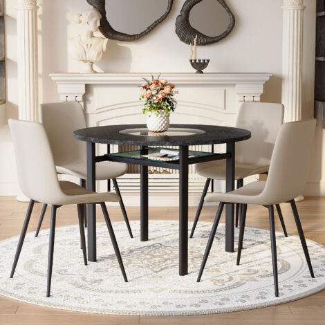 Set de tables rondes minimaliste (comprenant 4 fauteuils gris chaud en matériau PU, ainsi qu’un coussin confortable). La table est ronde, avec un diamètre de 100 cm. (1/5)