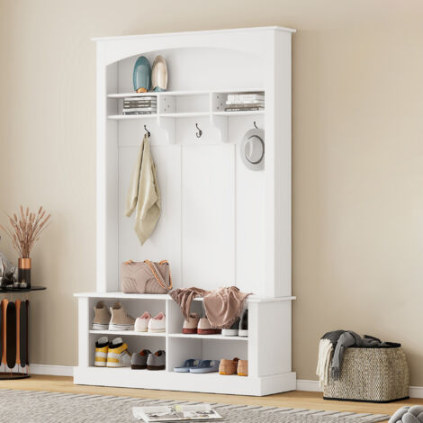 Set de rangements avec un banc et des étagères pour les chaussures. Un meuble multifonctionnel permettant d’organiser ses affaires de manière efficace : 3 crochets suspendus et espace de rangement ouv (1/5)